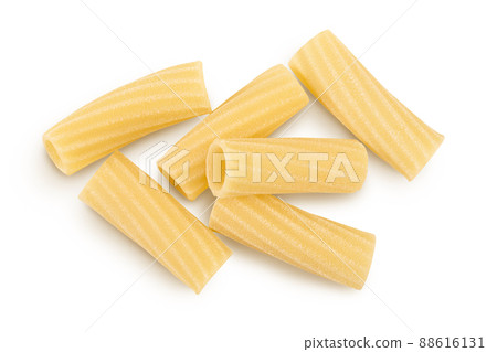 raw italian tortiglioni pasta isolated on white background with clipping path and full depth of field. Top view. Flat lay 88616131