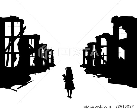 Silhouette of child in destroyed city. Silhouette of child in destroyed city. 88616887