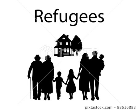 The silhouette of a refugee family migrates. 88616888