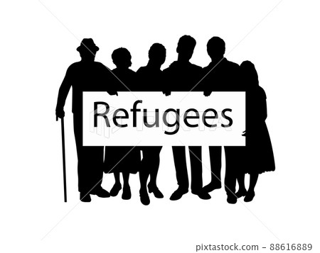 Silhouette family holds placard Refugees. Silhouette family holds placard Refugees. 88616889