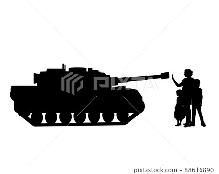 Silhouettes of woman with children stops the tank. Stop war. Silhouettes of woman with children stops the tank. Stop war. 88616890