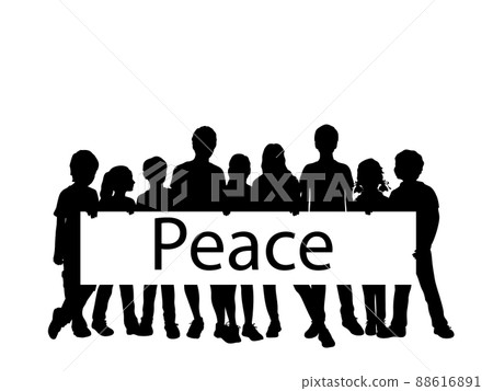Silhouettes of children holds placard Peace. Silhouettes of children holds placard Peace. 88616891