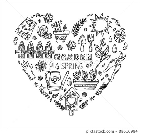 Vector gardening doodle set. Cartoon hand drawn isolated design horticulture elements. Spring set for gardening and floriculture. Sketch of a nerd hobby icon Vector gardening doodle set. Cartoon hand drawn isolated design horticulture elements. Spring set for gardening and floriculture. Sketch of a nerd hobby icon 88616984