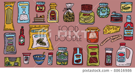 Vector doodle grocery store products. Hand drawn scetch icons. Food and drink. Natural canned, bakery and cereal products Vector doodle grocery store products. Hand drawn scetch icons. Food and drink. Natural canned, bakery and cereal products 88616986