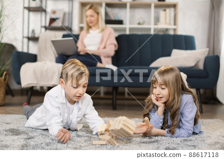 Young mother relax on sofa with laptop, two kids children playing with wooden blocks Young mother relax on sofa with laptop, two kids children playing with wooden blocks 88617118