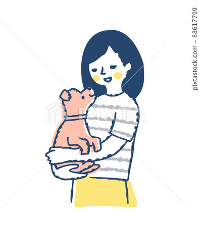 一個微笑的女人抱著一隻小狗 一個微笑的女人抱著一隻小狗 88617799