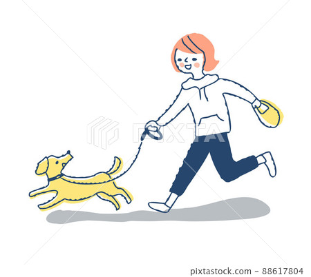 A dog and a young woman running together during a walk 88617804