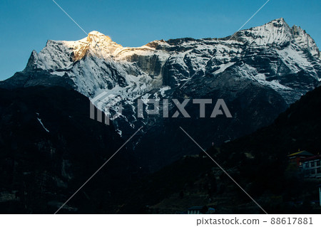 panorama view of Mount Everest massif Nuptse, Lhotse and Ama Dablam from Namche Bazar, Himalayas, Nepal. panorama view of Mount Everest massif Nuptse, Lhotse and Ama Dablam from Namche Bazar, Himalayas, Nepal. 88617881