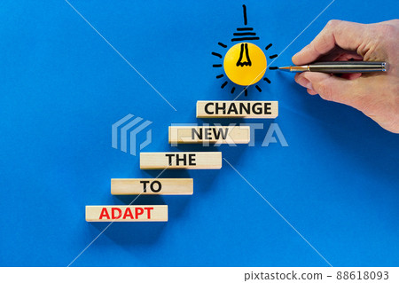 Adapt to the new change symbol. Wooden blocks with words Adapt to the new change on blue background, copy space. Light bulb icon. Businessman hand with pen. Business, adapt to change concept. 88618093