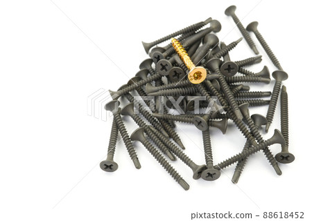 golden screw on a pile of black screws Close-up. wood screws isolatedon white soft focus 88618452
