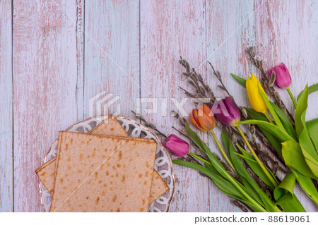 Traditional Pesach celebration Jewish holiday of kosher matzah bread for the ceremony ritual blessings Traditional Pesach celebration Jewish holiday of kosher matzah bread for the ceremony ritual blessings 88619061