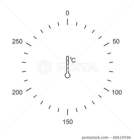 Oven dial knob markup template with Celsius temperature gauges and thermometer icon. Cooking theme pictogram isolated on white background. Vector outline illustration 88619596