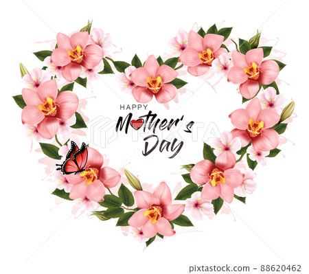 Happy Holiday background. Colorful beautiful flowers the shape of a heart Frame and pink bow and ribbon. Vector 88620462