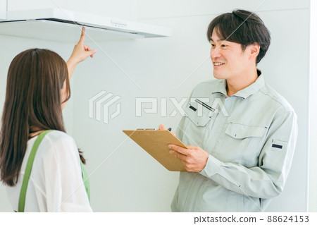 Men and women in work clothes talking in the kitchen (ventilation fan) 88624153