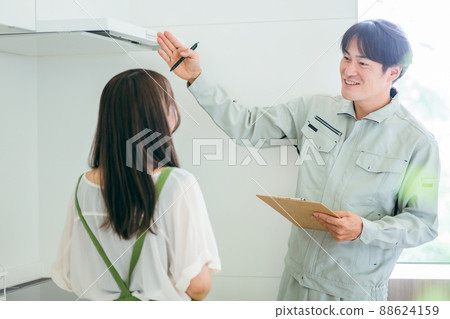 Men and women in work clothes talking in the kitchen (ventilation fan) 88624159