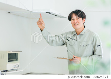 A man in the kitchen and work clothes (ventilation fan, looking at the camera) A man in the kitchen and work clothes (ventilation fan, looking at the camera) 88624171