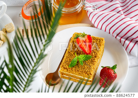 Tasty dessert honey cake. Slice of layered honey cake. Tasty dessert honey cake. Slice of layered honey cake. 88624577