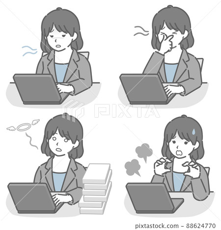 A young woman in a suit who has a hard time working on a computer 88624770