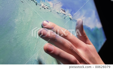 Artist copyist paint seascape with ship in ocean. Craftsman decorator draw as boat sail on blue sea with acrylic oil color. Draw finger brush palette. 88626079