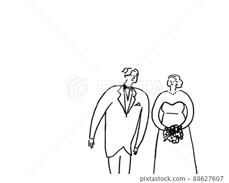Women in wedding dress and men in black tie, no text, line drawing (horizontal, right placement) Women in wedding dress and men in black tie, no text, line drawing (horizontal, right placement) 88627607