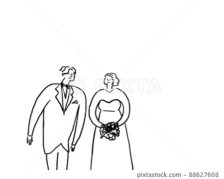 穿婚紗的女人和穿黑色領帶的男人,沒有文字,線條畫(水平,左排列) 穿婚紗的女人和穿黑色領帶的男人,沒有文字,線條畫(水平,左排列) 88627608