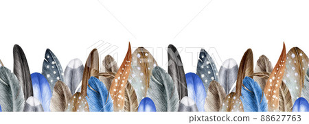 Bird feather seamless border. Watercolor illustration. Hand drawn realistic bird feathers border. Natural rustic and boho decoration. Hand drawn feather element Bird feather seamless border. Watercolor illustration. Hand drawn realistic bird feathers border. Natural rustic and boho decoration. Hand drawn feather element 88627763