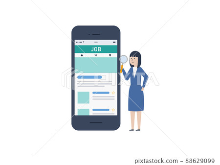 Illustration material of a young Japanese woman looking for a job on a smartphone 88629099