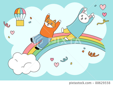 Baby fox and rabbit on a rainbow slide 88629338