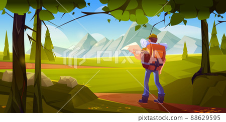 Traveler man with map stand at beautiful landscape Traveler man with map stand at beautiful landscape 88629595