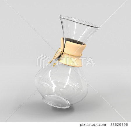 Glass coffeemaker chemex, fastened with wood collar and tie. Elegance transparent carafe in shape of hourglass, isolated on grey background. Alternative way of brewing coffee. Realistic 3d render 88629596
