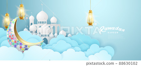 ramadan kareem background 3d color crescent moon background theme design vector banner illustration 88630102