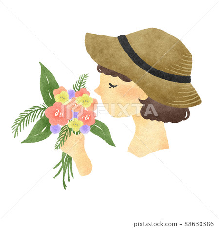 Profile of a woman wearing a straw hat with a bouquet Hand-drawn illustration material 88630386