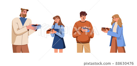 Flat unhappy people holding open empty wallet with no pocket money 88630476