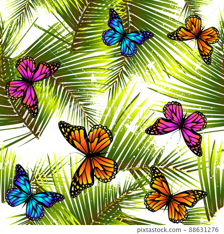Seamless background palm leaves with butterflies . Vector illustration 88631276