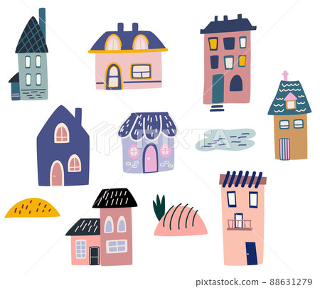 Cute cartoon houses. Various little tiny houses. Small townhouses, minimalism of urban buildings, minimal suburban residential building vector illustrations  88631279