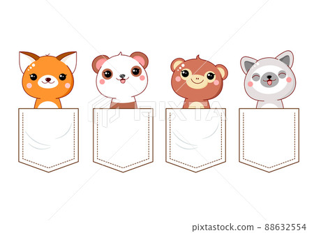Cute kawaii little monkey, panda, fox and lemur in pocket set. Baby collection of animals in pockets 88632554