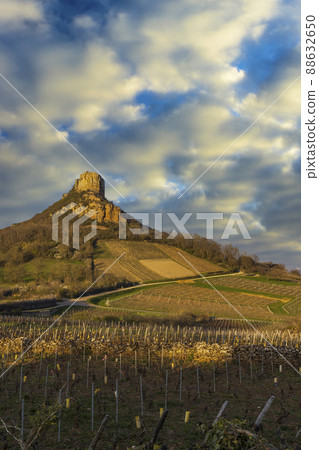 Rock of Solutre with vineyards, Burgundy, Solutre-Pouilly, France 88632650