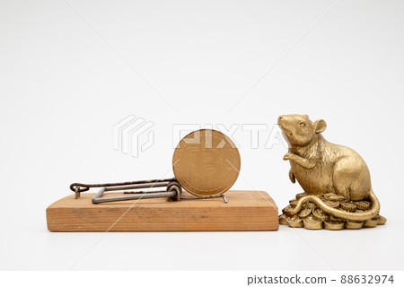figurine of a mouse near a mousetrap with bitcoin on a white background figurine of a mouse near a mousetrap with bitcoin on a white background 88632974