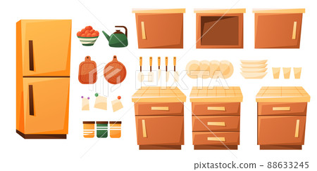 Vector cartoon set of kitchen furniture, dishes and appliances. Cooker counter and fridge. Vector cartoon set of kitchen furniture, dishes and appliances. Cooker counter and fridge. 88633245