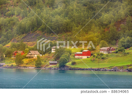 Norway village and fjord landscape near Flam 88634065