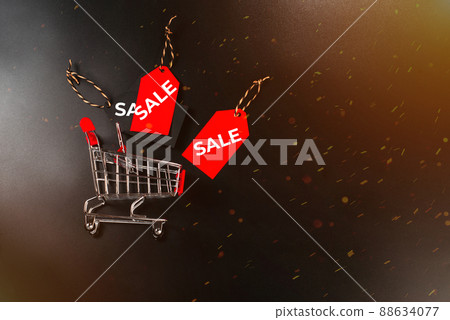Shop trolley at supermarket. Sale, discount, shopaholism concept. Minimalism style. Creative design. Copy space. Banner. 88634077