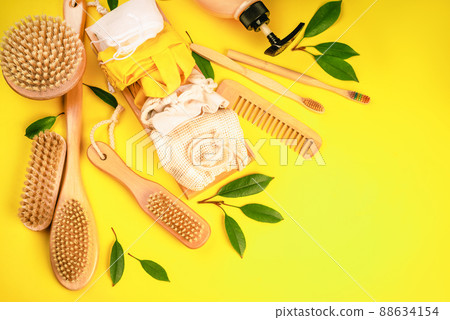 Personal care products made from natural materials.Flat lay of personal care zero waste supplies.Plastic-free concept.Items for hygiene and face and body care made of eco-friendly materials. 88634154