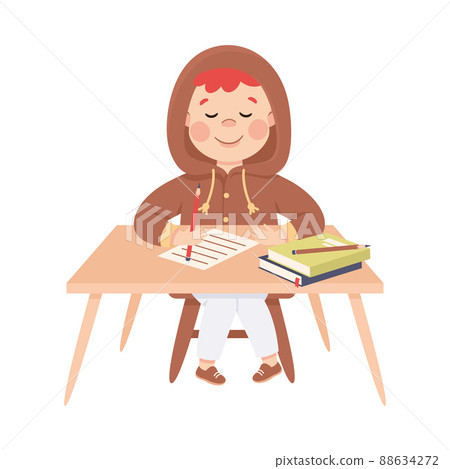 Little Boy Pupil Sitting at Table with Book Engaged in Elementary Education Vector Illustration 88634272