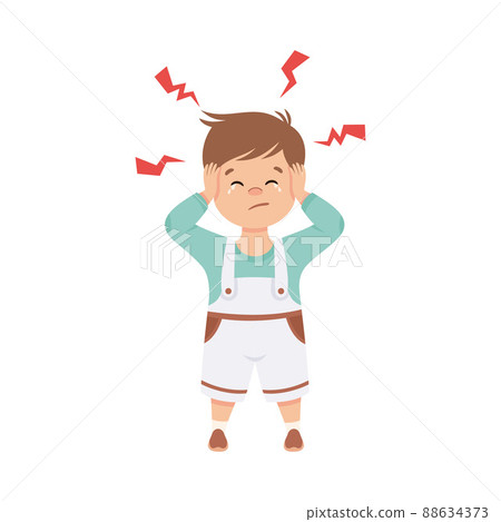 Sick Little Boy Feeling Unwell Suffering from Headache Vector Illustration 88634373