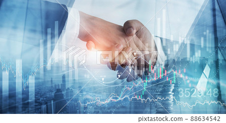 Financial Business investment, Businessmen shaking hands on city background and growth graph chart of stock market diagram,  Network and data, Economy, Finance investor, Partnership and teamwork. 88634542