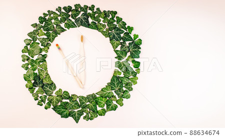 Frame of green leaves on a white background with dental wooden brushes.Eco concept. Copy space.Zero waste and eco friendly ,plastic free concept.Set of eco-friendly dental wooden brushes. 88634674