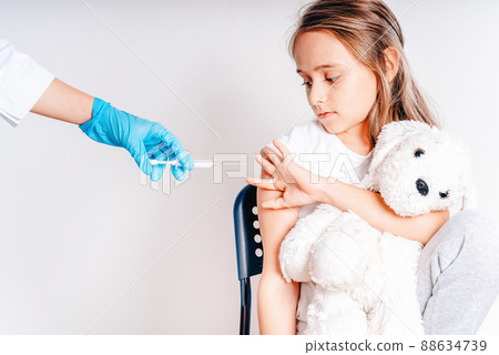 Flu influenza vaccine clinical trials concept, corona virus treatment, close up .Scale vaccination.The girl does not want to be vaccinated. 88634739