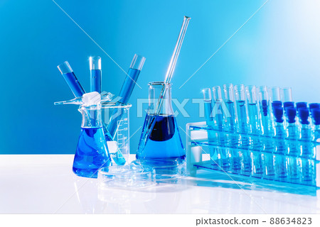 Empty flasks in a chemical laboratory.Science laboratory.Scientific experiment.Concept of medicine.Collection of medical flasks.The chemicals in many glass tubes.Stand to show glass cosmetic product. 88634823