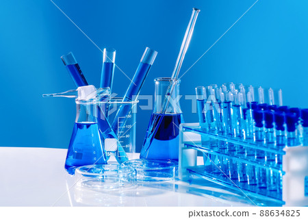 The chemicals are in many glass tubes.Stand to show glass cosmetic product. Research and develop beauty skincare product concept by scientific method with concept laboratory tests.Concept of medicine. 88634825
