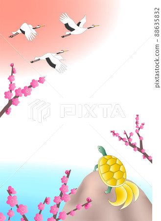 三隻飛鶴和一張金美濃和梅花的留言卡，明信片大小的垂直類型 88635832